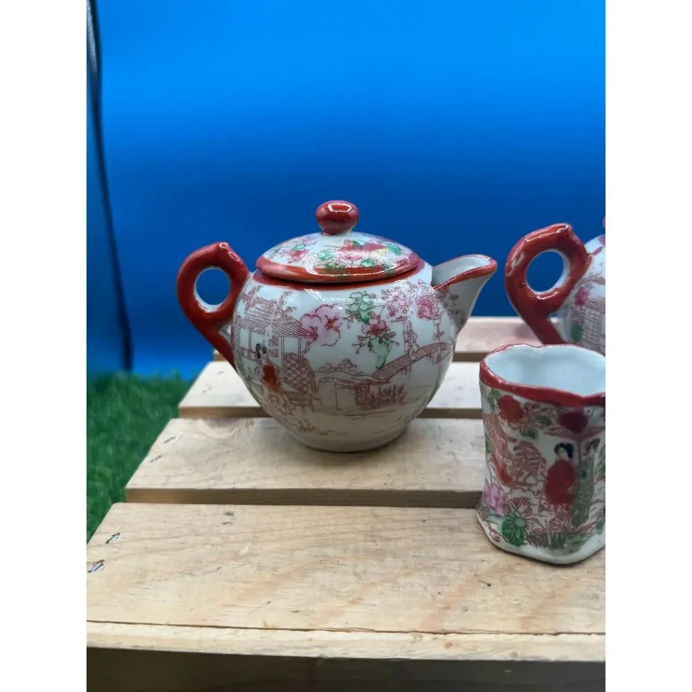 Vintage Kutani Porcelain Miniature Tea Set - Geisha/Garden Motif-3Piece Part Set